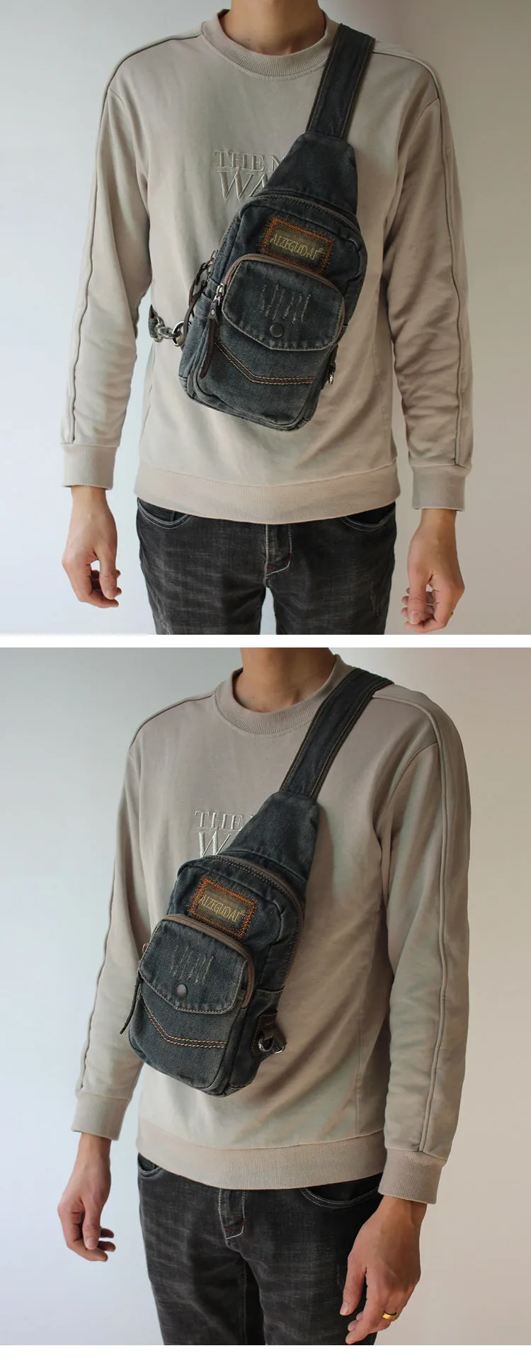 Vintage Blue Denim Mens Sling Bags Chest Bag Denim Cool Sling Bag For Men