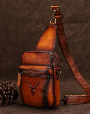 Vintage Brown Leather Deer Womens Men's Sling Bag Chest Bag Sling Pack Sling Backpack For Men