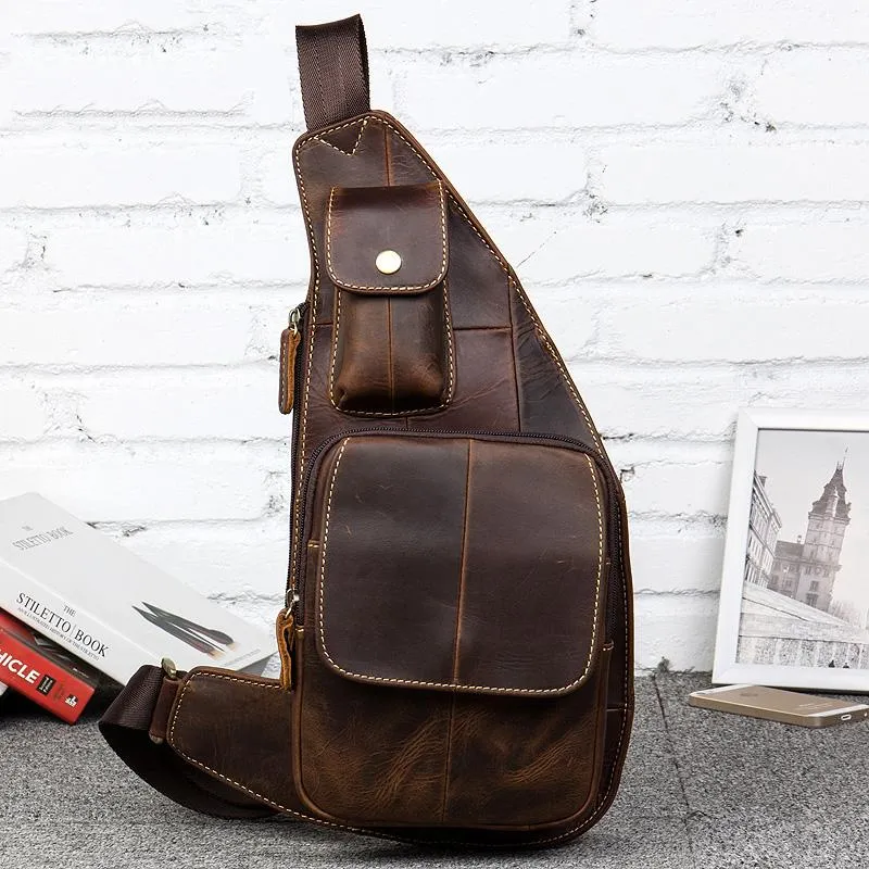 Vintage Brown Leather Mens Cool Chest Bag Sling Bag Tan Crossbody Pack for men