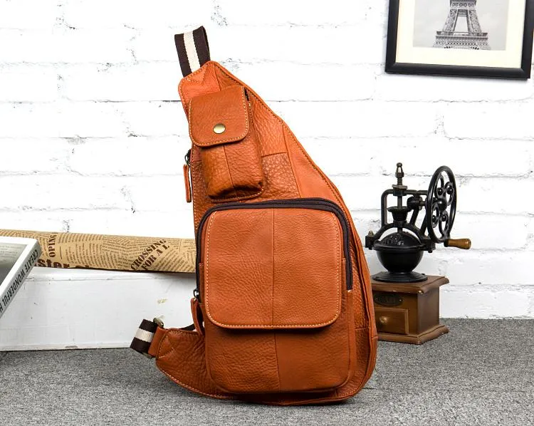 Vintage Brown Leather Mens Cool Chest Bag Sling Bag Tan Crossbody Pack for men