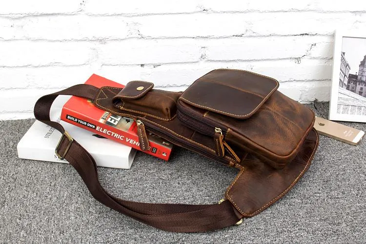 Vintage Brown Leather Mens Cool Chest Bag Sling Bag Tan Crossbody Pack for men
