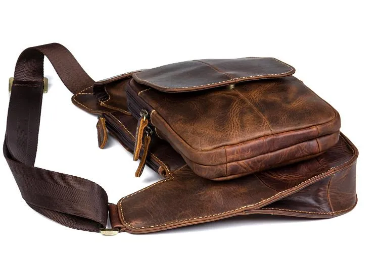 Vintage Brown Leather Mens Cool Chest Bag Sling Bag Tan Crossbody Pack for men