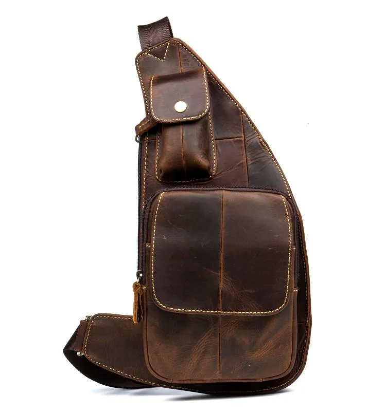 Vintage Brown Leather Mens Cool Chest Bag Sling Bag Tan Crossbody Pack for men