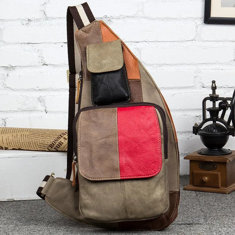 Vintage Brown Leather Mens Cool Chest Bag Sling Bag Tan Crossbody Pack for men