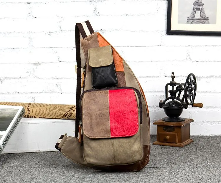 Vintage Brown Leather Mens Cool Chest Bag Sling Bag Tan Crossbody Pack for men