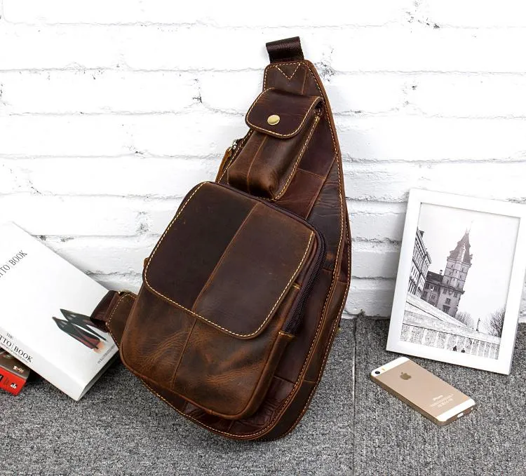 Vintage Brown Leather Mens Cool Chest Bag Sling Bag Tan Crossbody Pack for men