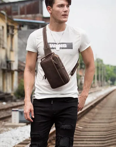 Vintage Brown Leather Mens Crossbody Pack Sling Bag Sling Pack Casual Chest Bags One Shoulder Backpack for Men