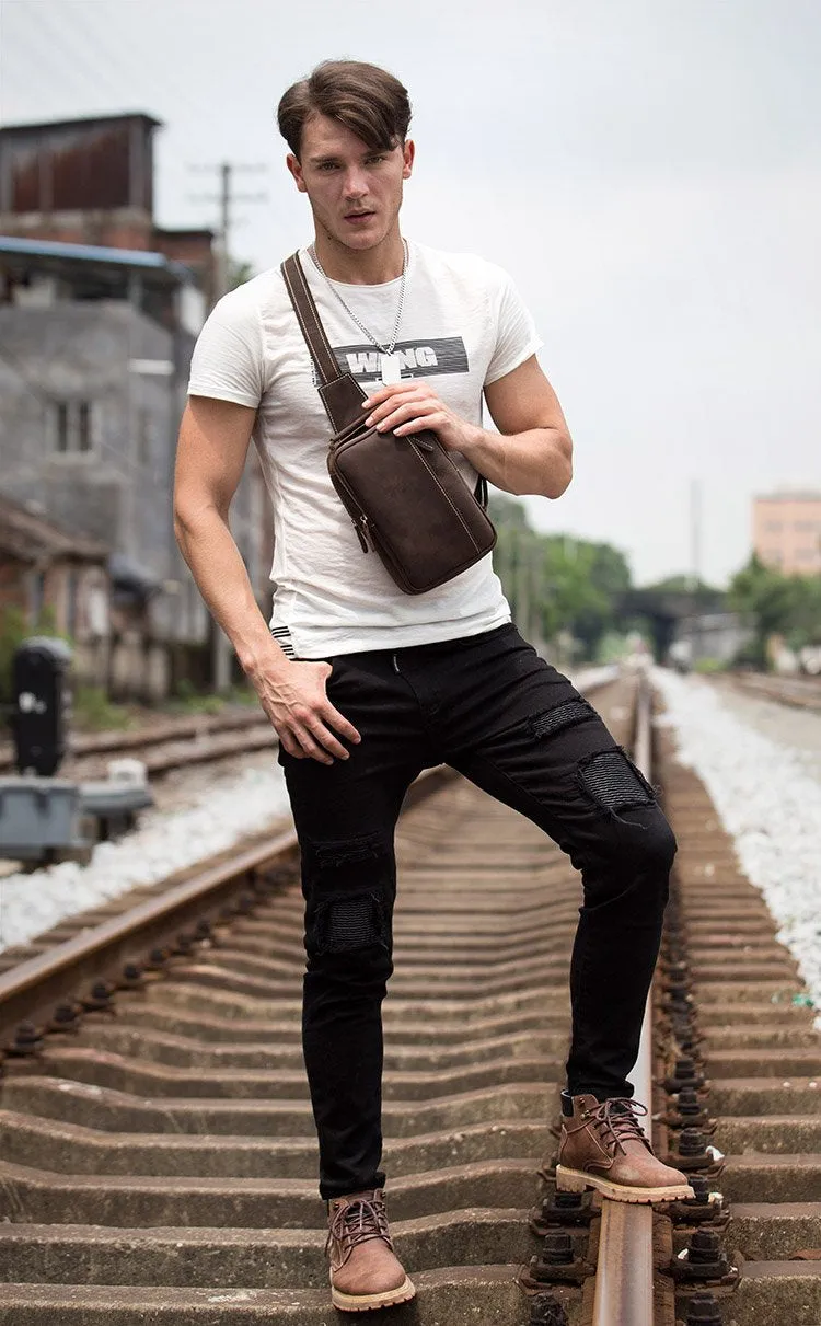 Vintage Brown Leather Mens Crossbody Pack Sling Bag Sling Pack Casual Chest Bags One Shoulder Backpack for Men