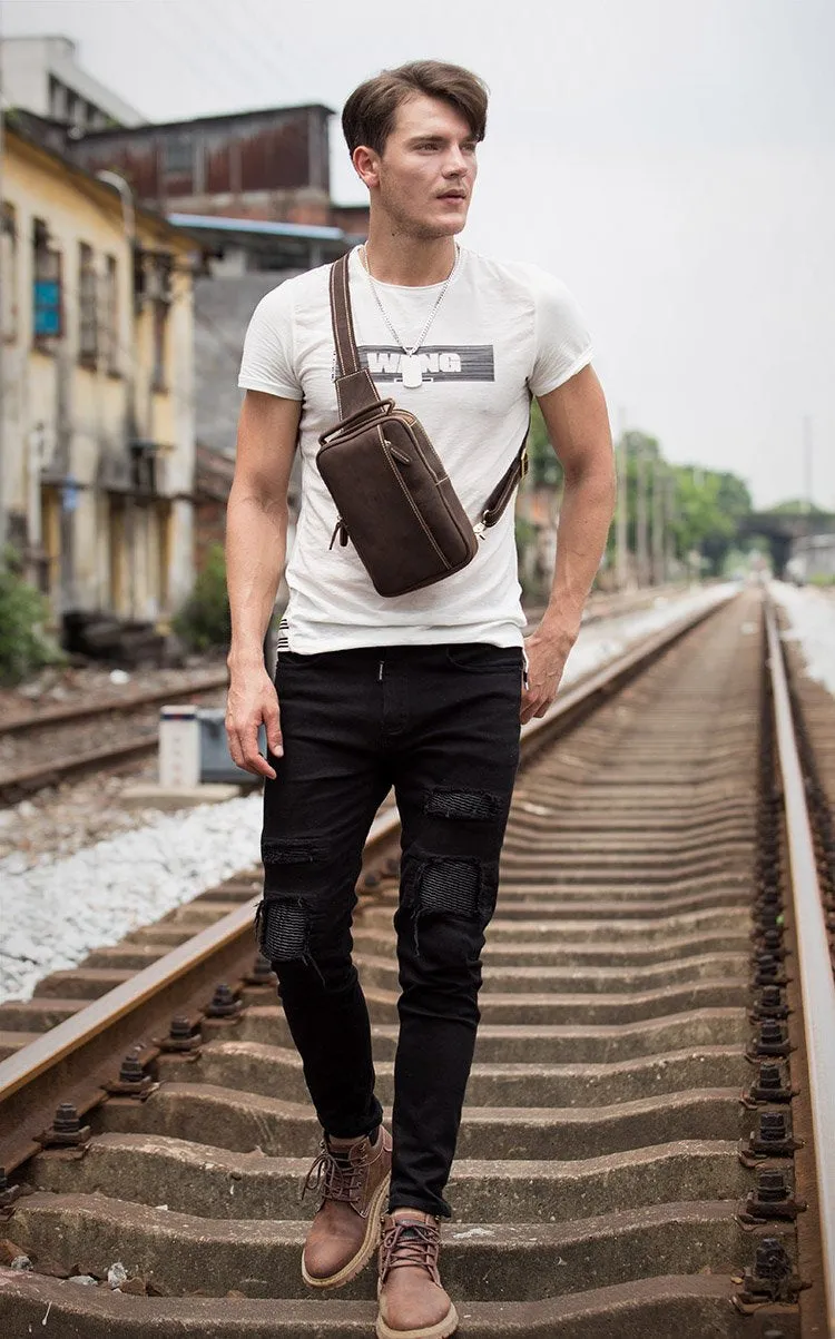 Vintage Brown Leather Mens Crossbody Pack Sling Bag Sling Pack Casual Chest Bags One Shoulder Backpack for Men
