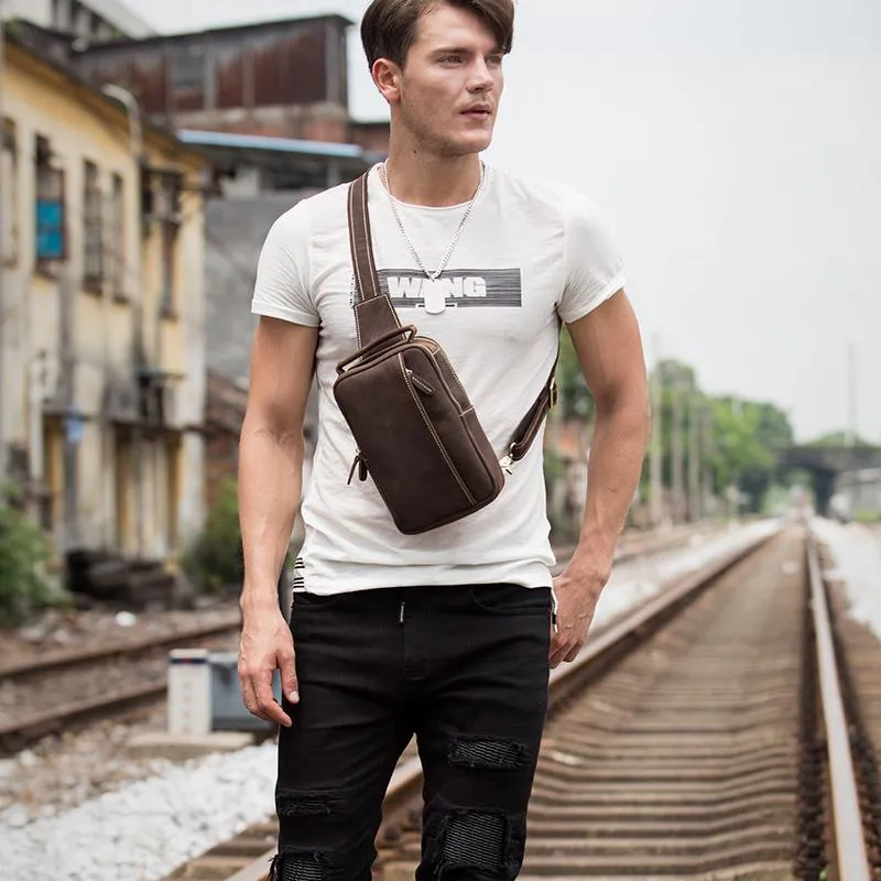 Vintage Brown Leather Mens Crossbody Pack Sling Bag Sling Pack Casual Chest Bags One Shoulder Backpack for Men