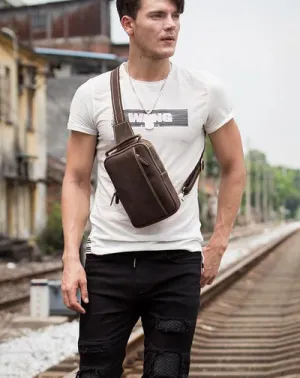 Vintage Brown Leather Mens Crossbody Pack Sling Bag Sling Pack Casual Chest Bags One Shoulder Backpack for Men