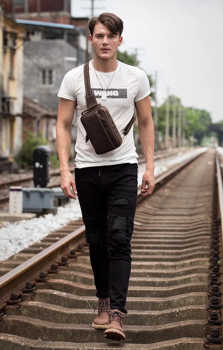 Vintage Brown Leather Mens Crossbody Pack Sling Bag Sling Pack Casual Chest Bags One Shoulder Backpack for Men