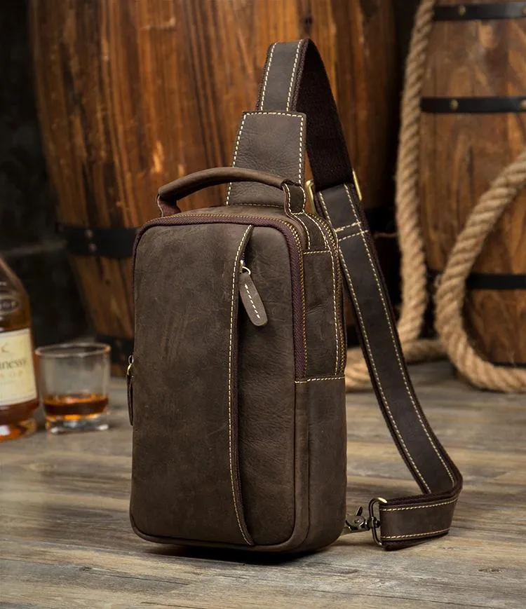 Vintage Brown Leather Mens Crossbody Pack Sling Bag Sling Pack Casual Chest Bags One Shoulder Backpack for Men