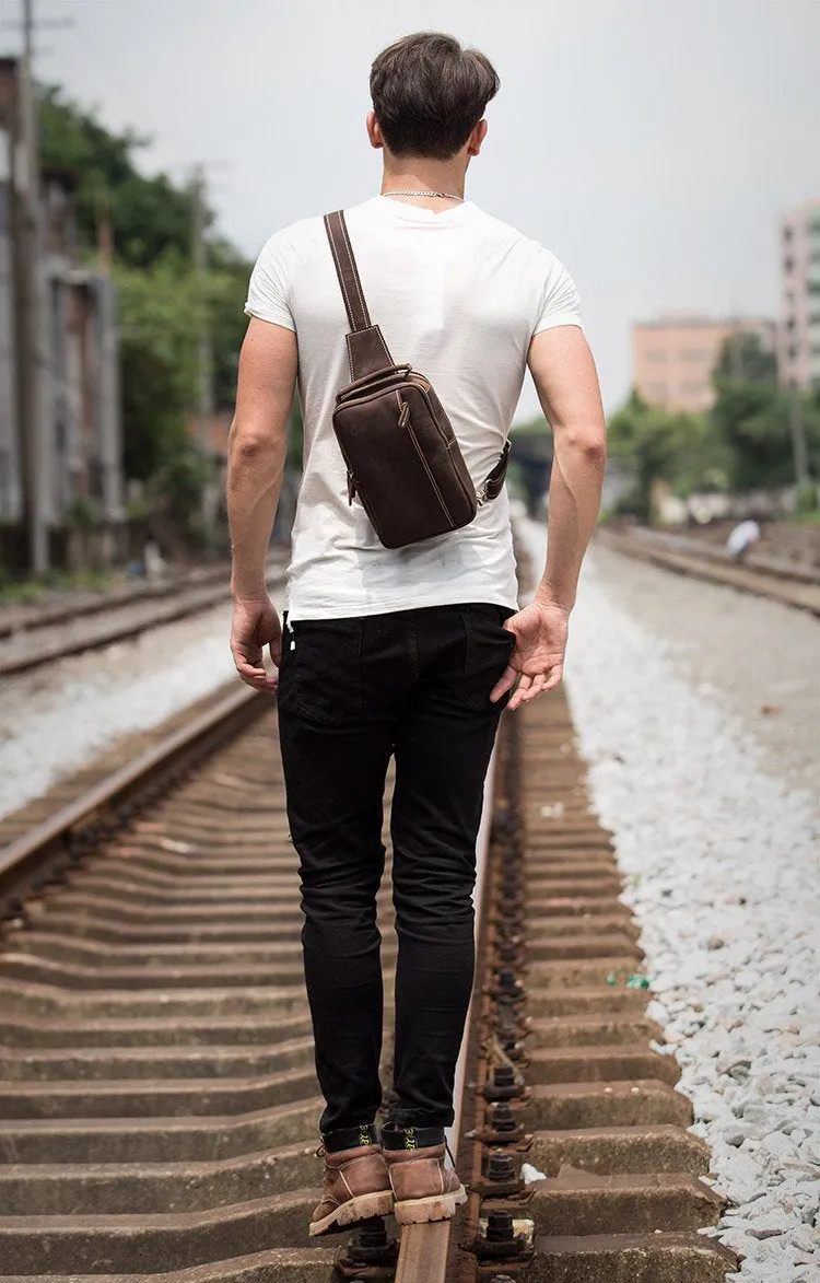 Vintage Brown Leather Mens Crossbody Pack Sling Bag Sling Pack Casual Chest Bags One Shoulder Backpack for Men