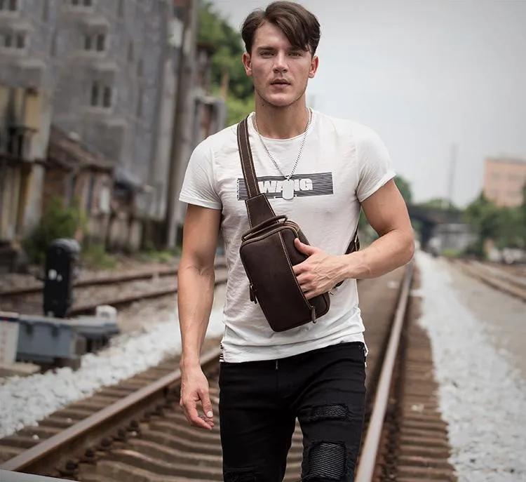 Vintage Brown Leather Mens Crossbody Pack Sling Bag Sling Pack Casual Chest Bags One Shoulder Backpack for Men
