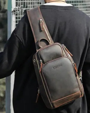 Vintage Brown Leather Men's One Shoulder Backpack Chest Bag Sling Crossbody Pack For Men