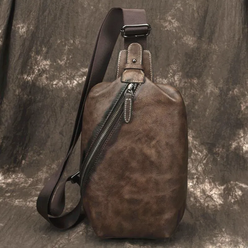 Vintage Brown LEATHER MENS One Shoulder Backpack Fashion Chest Bag Retro Brown Sling Bag For Men