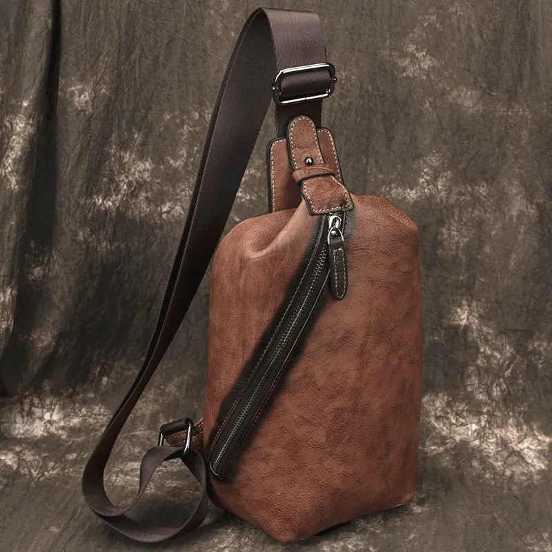 Vintage Brown LEATHER MENS One Shoulder Backpack Fashion Chest Bag Retro Brown Sling Bag For Men