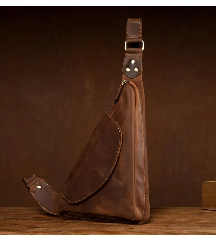 Vintage Brown Leather Mens Sling Bag Coffee Cool Crossbody Pack Chest Bag for men