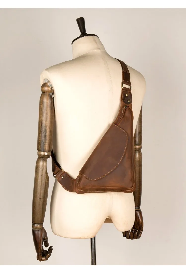 Vintage Brown Leather Mens Sling Bag Coffee Cool Crossbody Pack Chest Bag for men