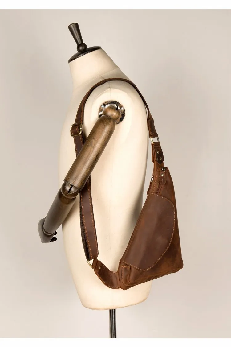 Vintage Brown Leather Mens Sling Bag Coffee Cool Crossbody Pack Chest Bag for men