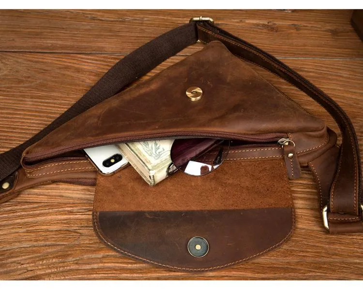 Vintage Brown Leather Mens Sling Bag Coffee Cool Crossbody Pack Chest Bag for men