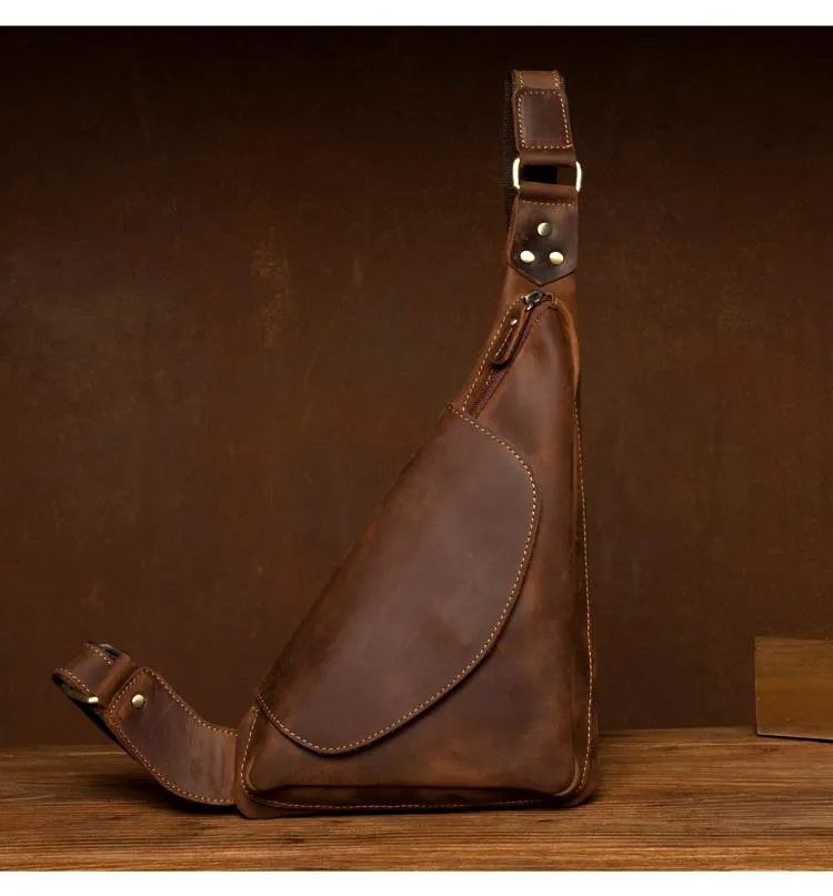 Vintage Brown Leather Mens Sling Bag Coffee Cool Crossbody Pack Chest Bag for men