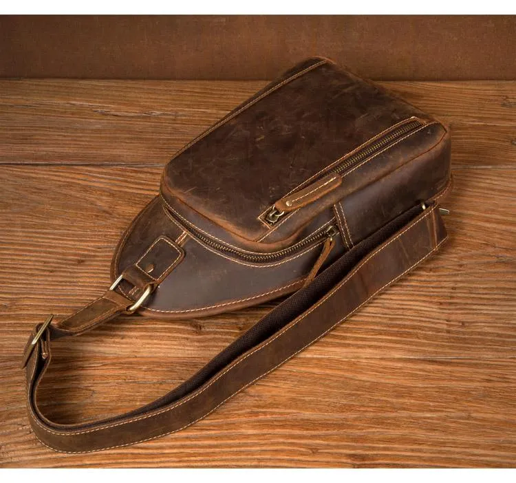 Vintage Brown Leather Mens Sling Bag Cool Crossbody Pack Chest Bags for men