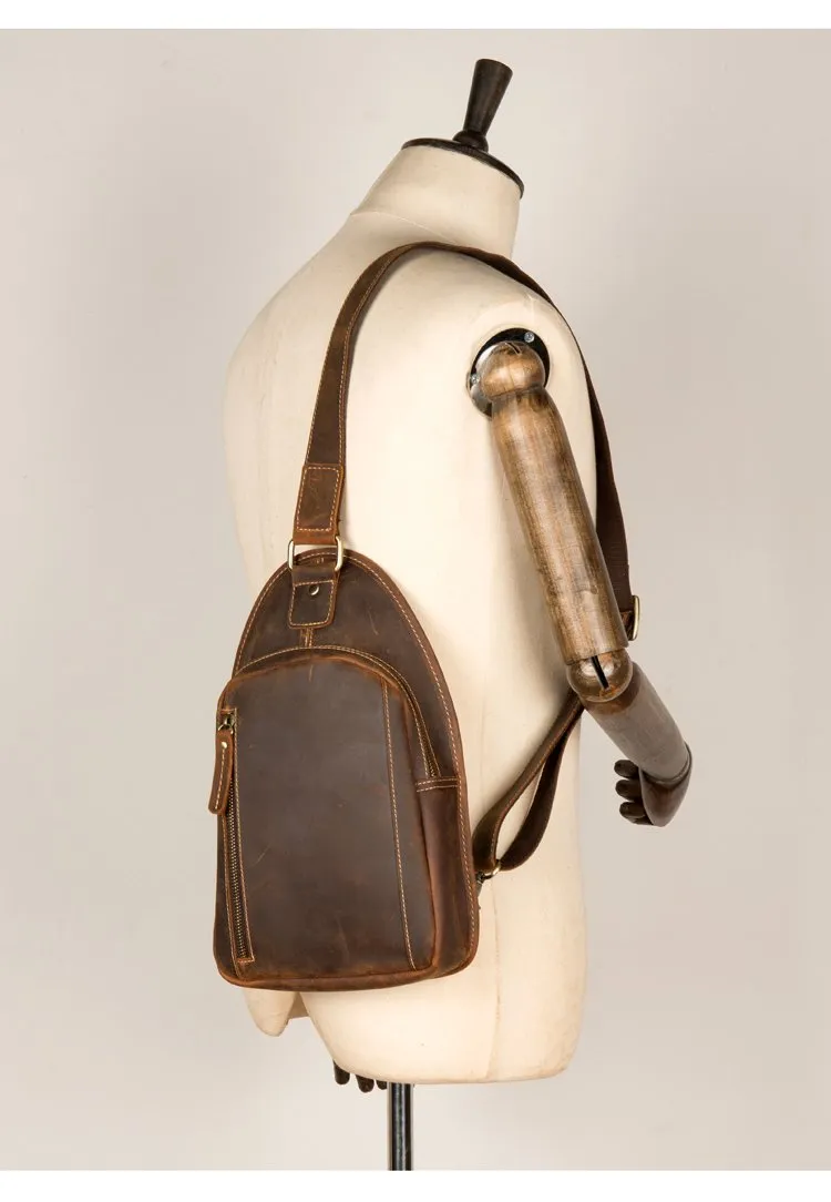 Vintage Brown Leather Mens Sling Bag Cool Crossbody Pack Chest Bags for men