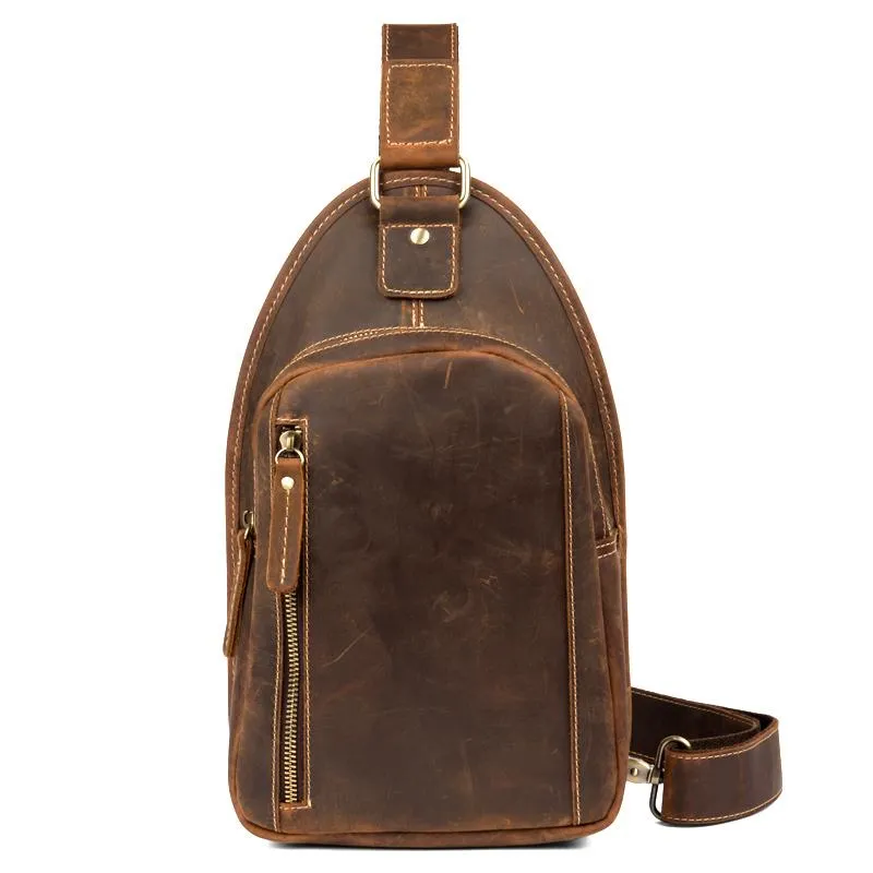 Vintage Brown Leather Mens Sling Bag Cool Crossbody Pack Chest Bags for men