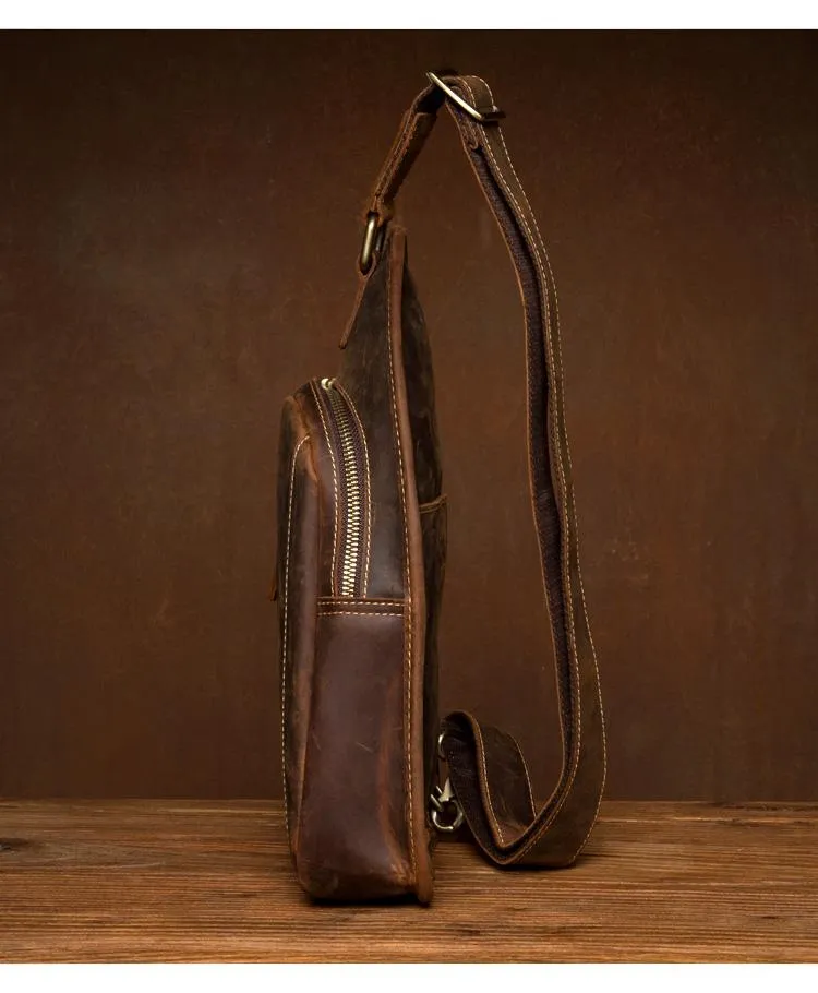 Vintage Brown Leather Mens Sling Bag Cool Crossbody Pack Chest Bags for men