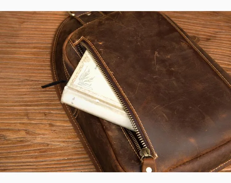 Vintage Brown Leather Mens Sling Bag Cool Crossbody Pack Chest Bags for men