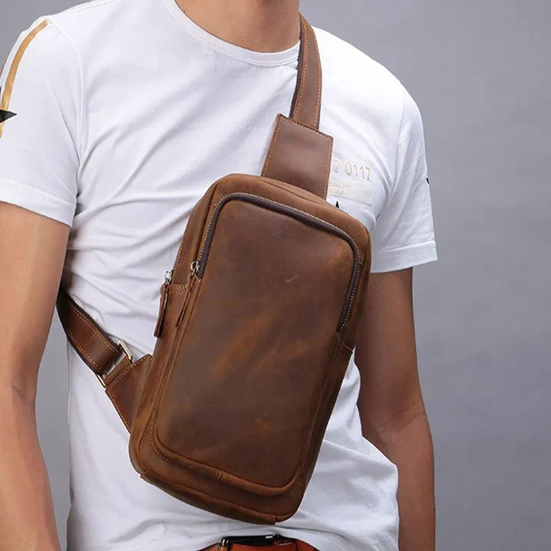 Vintage Brown Leather Men's Sling Bags Chest Bag One Shoulder Backpack For Men