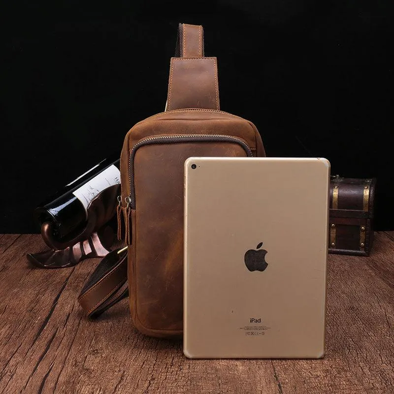 Vintage Brown Leather Men's Sling Bags Chest Bag One Shoulder Backpack For Men