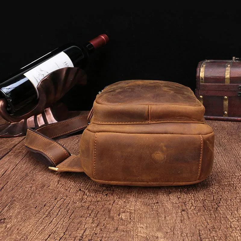 Vintage Brown Leather Men's Sling Bags Chest Bag One Shoulder Backpack For Men