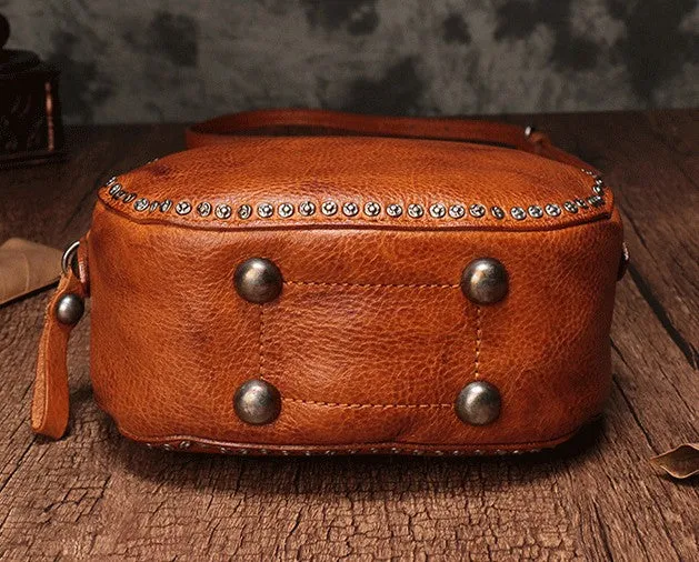 Vintage Brown Leather Womens Round Handbag Black Shoulder Circle Bag Purse For Women