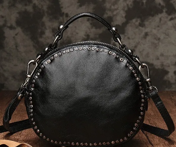 Vintage Brown Leather Womens Round Handbag Black Shoulder Circle Bag Purse For Women