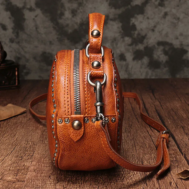 Vintage Brown Leather Womens Round Handbag Black Shoulder Circle Bag Purse For Women