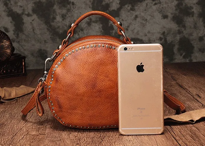Vintage Brown Leather Womens Round Handbag Black Shoulder Circle Bag Purse For Women