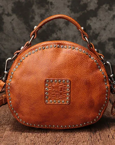 Vintage Brown Leather Womens Round Handbag Black Shoulder Circle Bag Purse For Women