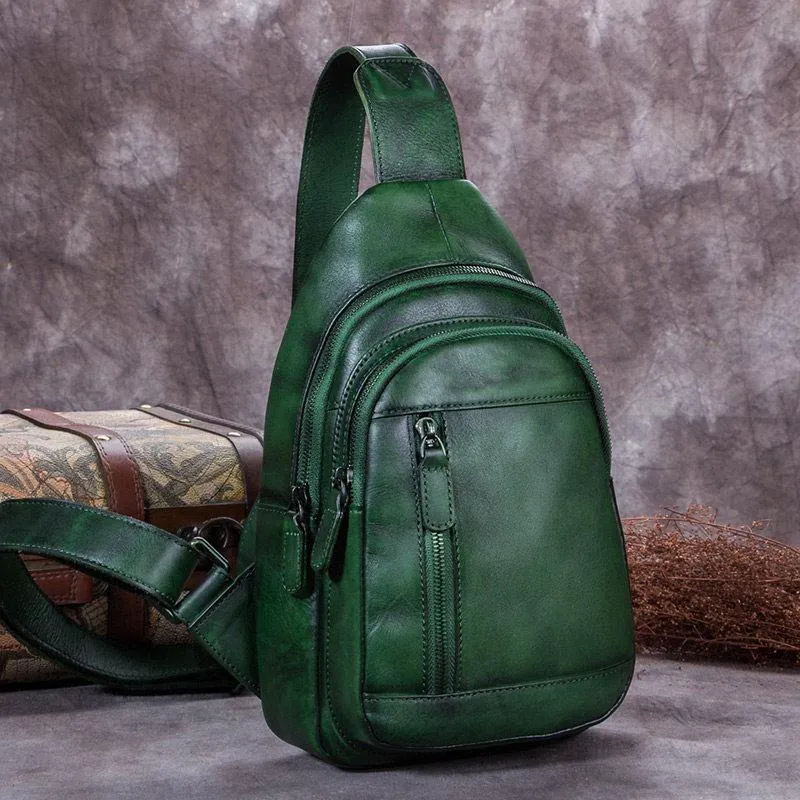 Vintage Brown Mens Leather Sling Bag Chest Bags Purses One Shoulder Backpack for Men