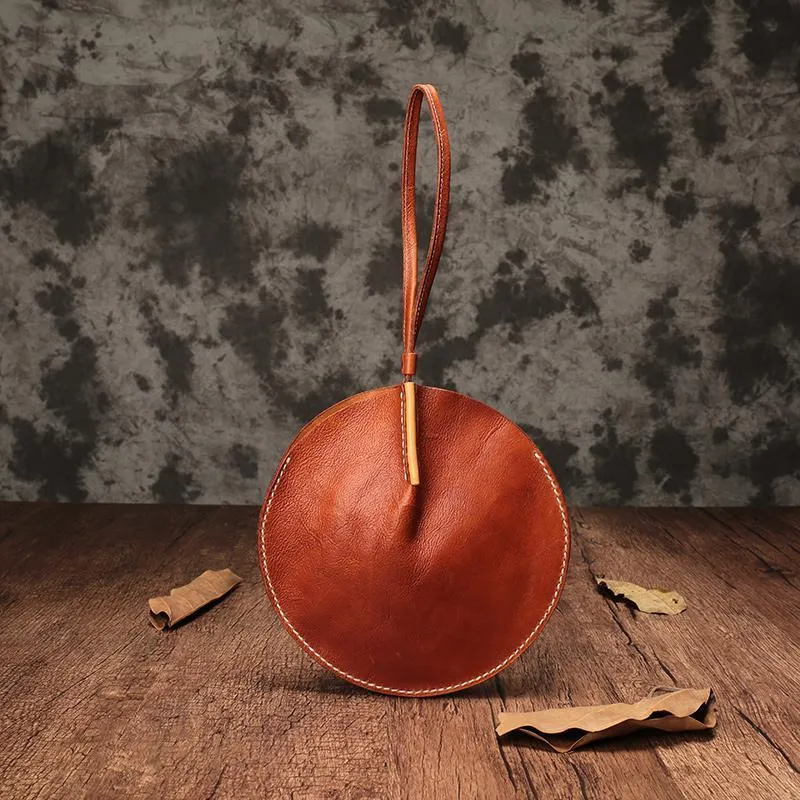 Vintage Brown Womens Circle Clutch Bag Round Small Purses Wristlet Round Bag for Ladies