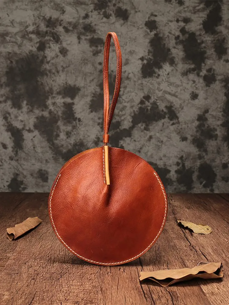 Vintage Brown Womens Circle Clutch Bag Round Small Purses Wristlet Round Bag for Ladies