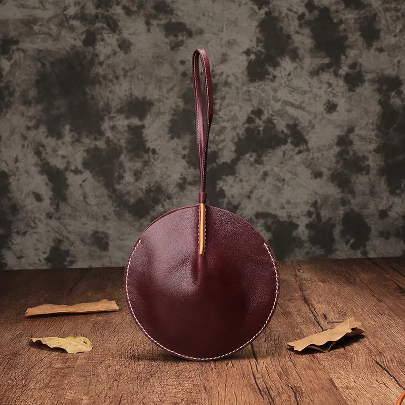 Vintage Brown Womens Circle Clutch Bag Round Small Purses Wristlet Round Bag for Ladies