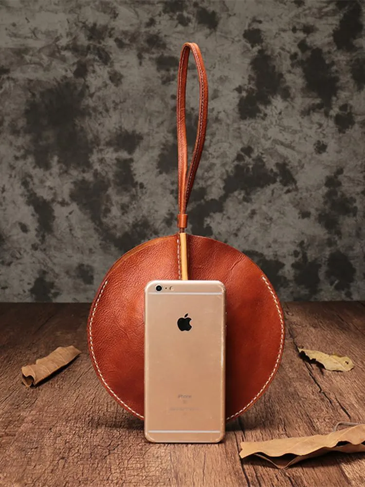 Vintage Brown Womens Circle Clutch Bag Round Small Purses Wristlet Round Bag for Ladies