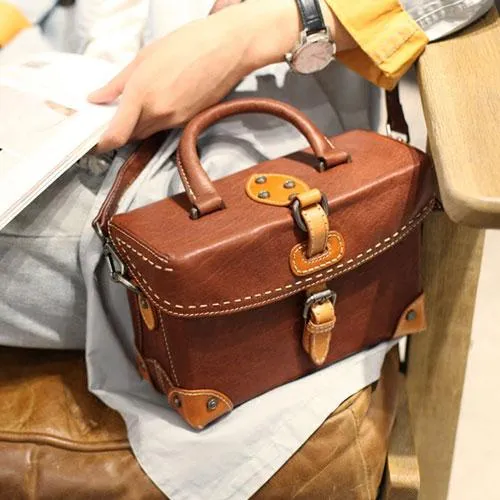 Vintage Brown Womens Leather Satchel Handbag Purse Structured Doctor Handbag Shoulder Bag