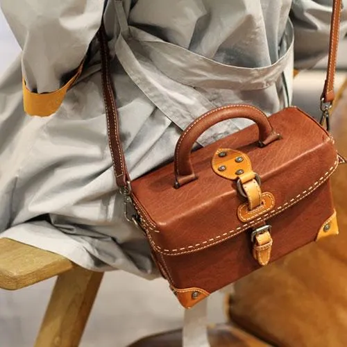 Vintage Brown Womens Leather Satchel Handbag Purse Structured Doctor Handbag Shoulder Bag