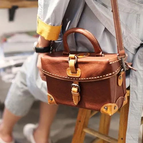 Vintage Brown Womens Leather Satchel Handbag Purse Structured Doctor Handbag Shoulder Bag
