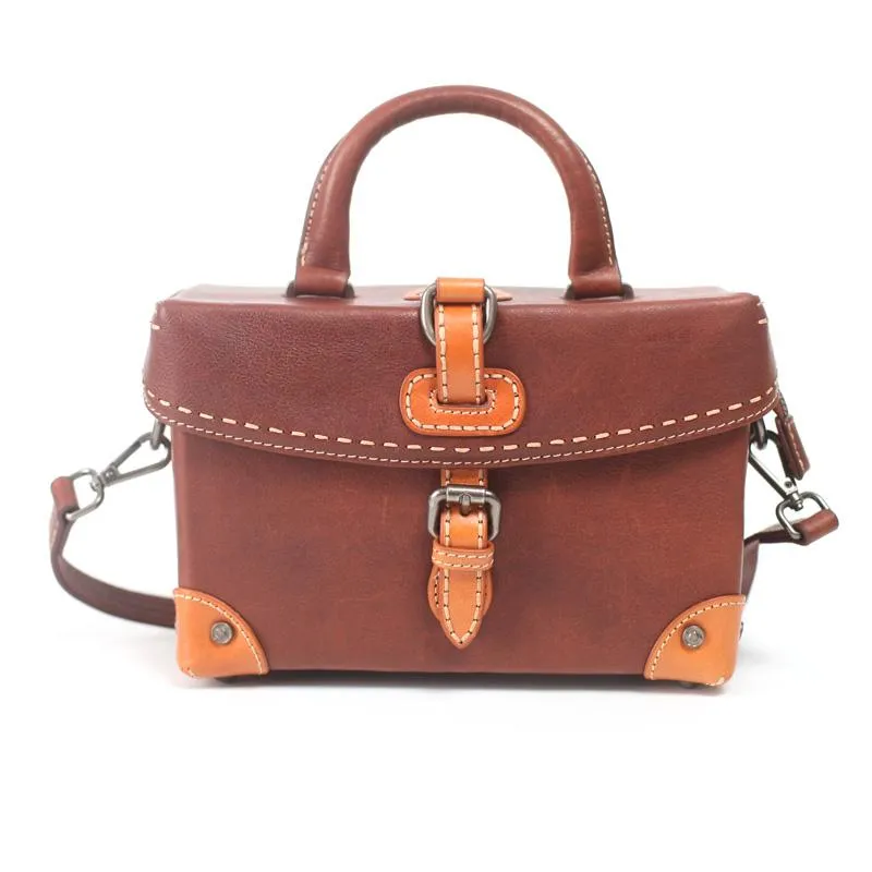 Vintage Brown Womens Leather Satchel Handbag Purse Structured Doctor Handbag Shoulder Bag