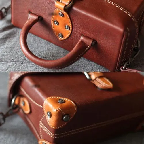 Vintage Brown Womens Leather Satchel Handbag Purse Structured Doctor Handbag Shoulder Bag